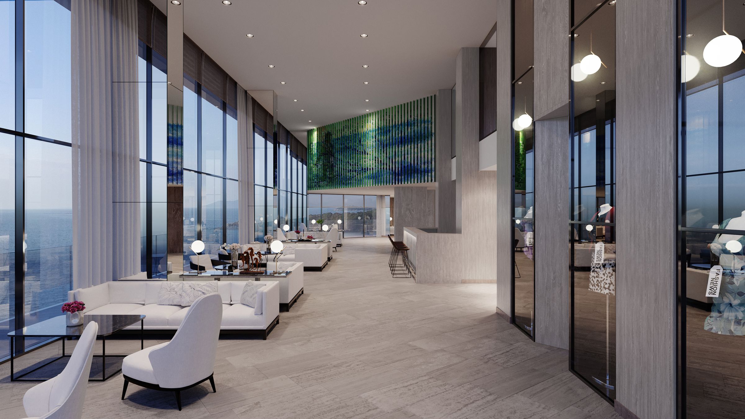 Elegant luxury lobby with polished stone floors