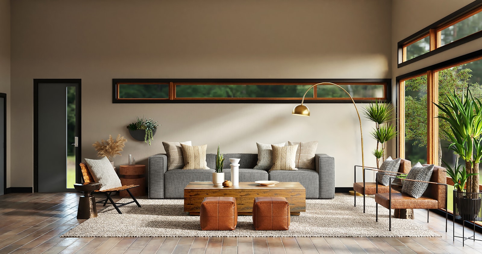 Pristine modern luxury lounge with polished floors and designer seating